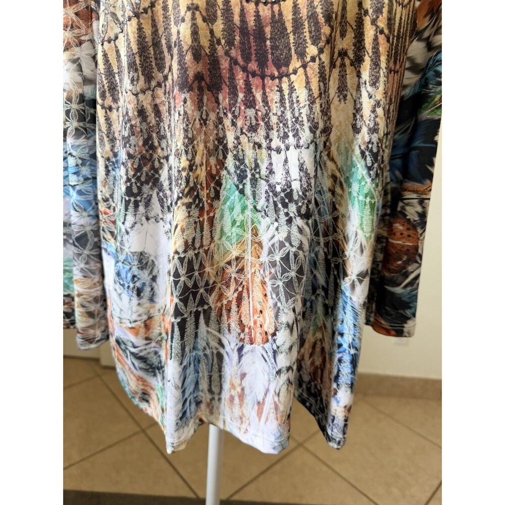 Cactus Women's L Feather Print Tunic Top Long Sleeve Rhinestone Boho Blouse - Picture 7 of 15